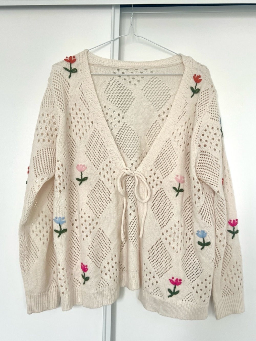 Knit Cream Floral Tie-Front Women's Sweater - Great for Spring Outfit